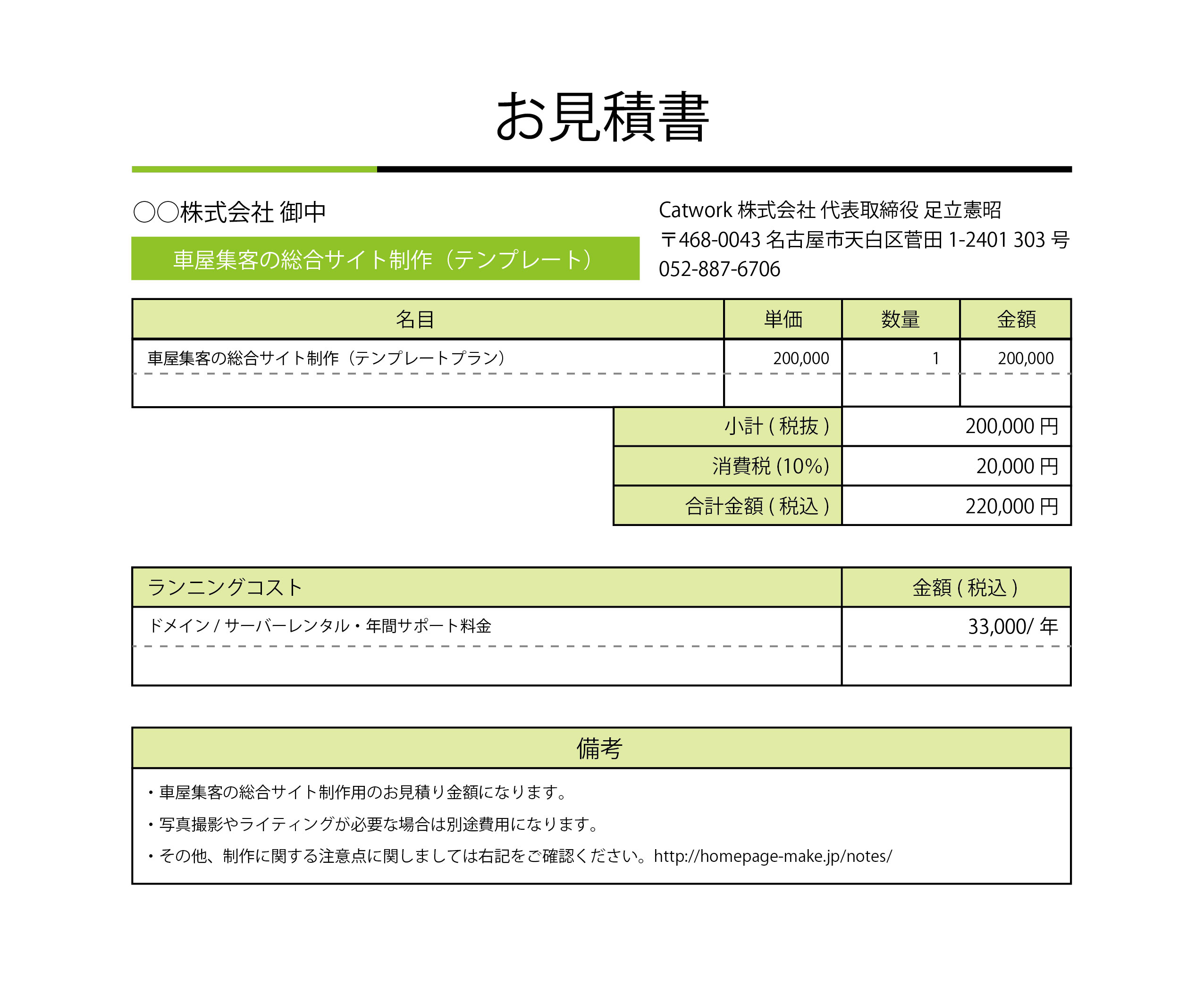 車屋集客の総合サイトテンプレートお見積り例